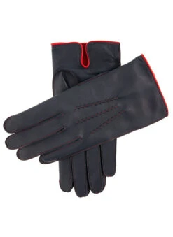 Men's Heritage Three-Point Cashmere-Lined Leather Gloves With Colour Contrast Details -Dents 15 1514 Navy Red