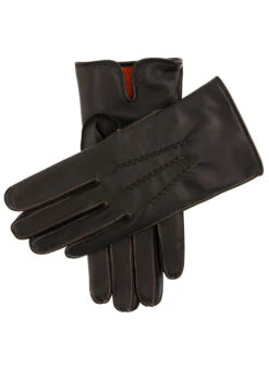 Men's Heritage Three-Point Cashmere-Lined Leather Gloves With Colour Contrast Stitching -Dents 15 1518 Black Tangerine Tangerine