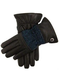 Men's Heritage Cashmere-Lined Harris Tweed And Deerskin Leather Gloves -Dents 15 1598 Black Navy Black 9b8b1837 34f2 482e 86f1 dd714bf27846