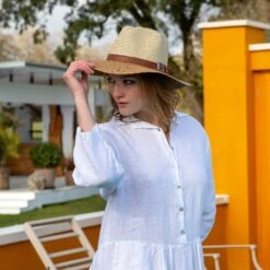 Women’s Two-Tone Straw Fedora Hat With Buckle Trim 7 Women’s Two-Tone Straw Fedora Hat With Buckle Trim -Dents 3 1375Ivory Natural 2