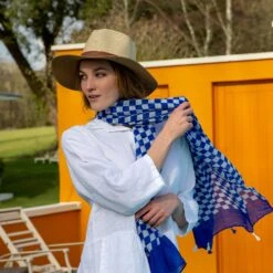 Women’s Small Checkerboard Check Lightweight Scarf With Tassels -Dents 3 1375Ivory Natural 4 2656Royal 1