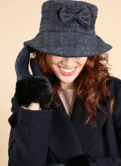 Women's Abraham Moon Tweed Check Bucket Hat With Bow Detail -Dents 3 5159 Blue d9f89a94 410b 4050 b951 9d5744e17cb4