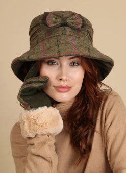 Women's Abraham Moon Tweed Check Bucket Hat With Bow Detail -Dents 3 5159 Sage 543d6c67 f3af 4dcc be83 ee08d52df1a2