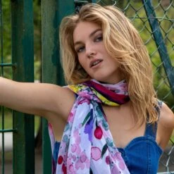 Women's Floral Print Lightweight Scarf With Border 9 Women's Floral Print Lightweight Scarf With Border -Dents 4 2577 Pink