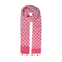 Women’s Small Checkerboard Check Lightweight Scarf With Tassels -Dents 4 2656 Pink