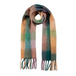 Women’s Large-Checked Blanket Scarf With Tassels -Dents 4 2660 Lilac Ocean Oat