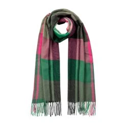 Women’s Plaid Large-Check Scarf With Tassels -Dents 4 2670 Grass Green Hot Pink