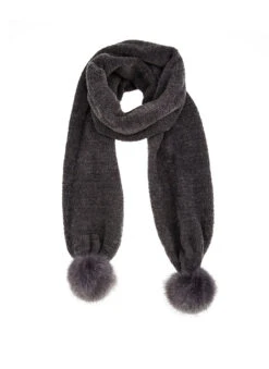 Women's Knitted Scarf With Faux Fur Pom Poms -Dents 4 2792Grey