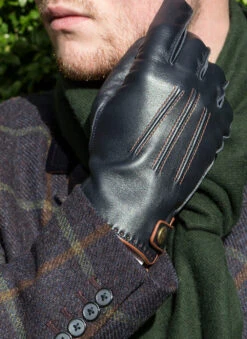 Men's Three-Point Lambswool-Lined Leather Gloves With Stud Tab -Dents 5 1525 Navy Cognac
