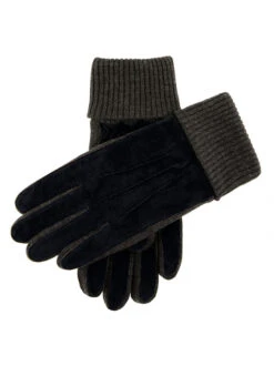 Men's Three-Point Fleece-Lined Suede Gloves With Knitted Cuffs -Dents 5 1629 Navy