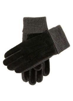 Men's Three-Point Fleece-Lined Suede Gloves With Knitted Cuffs