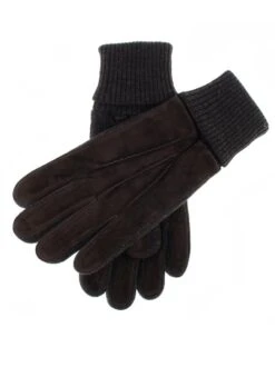 Men's Three-Point Fleece-Lined Suede Gloves With Knitted Cuffs -Dents 5 1629 20brown 20charcoal