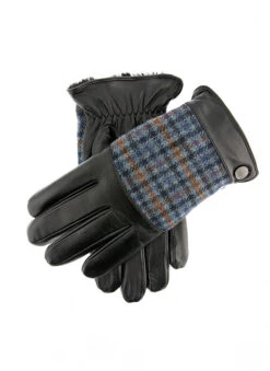 Men's Faux Fur-Lined Abraham Moon Dogtooth Tweed And Leather Gloves 15 Men's Faux Fur-Lined Abraham Moon Dogtooth Tweed And Leather Gloves -Dents 5 9308BlackAirforceBlue