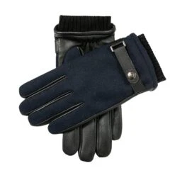 Men’s Touchscreen Lined Flannel And Leather Gloves -Dents 5 9514 Navy 1