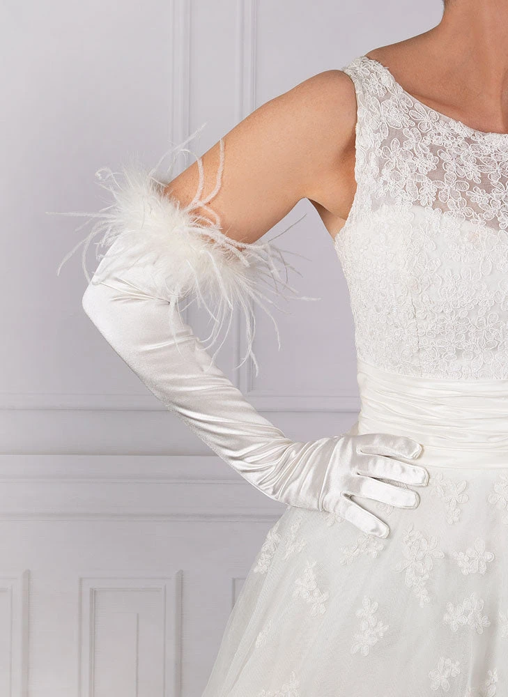 Women's Long Opera Satin Gloves With Feather Cuffs 6 Women's Long Opera Satin Gloves With Feather Cuffs - Image 4