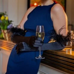 Women's Long Opera Satin Gloves With Feather Cuffs 8 Women's Long Opera Satin Gloves With Feather Cuffs -Dents 6 2290Black 1