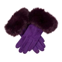 Women's Touchscreen Velour-Lined Faux Suede Gloves With Faux Fur Cuffs -Dents 6 4264 Amethyst