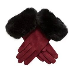 Women's Touchscreen Velour-Lined Faux Suede Gloves With Faux Fur Cuffs -Dents 6 4264 Berry Black