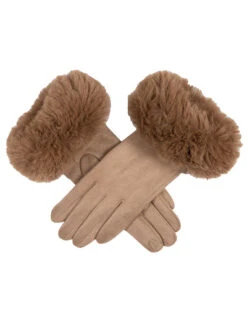 Women's Touchscreen Velour-Lined Faux Suede Gloves With Faux Fur Cuffs -Dents 6 4264 Camel