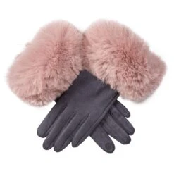 Women's Touchscreen Velour-Lined Faux Suede Gloves With Faux Fur Cuffs -Dents 6 4264 Dove Grey Blush