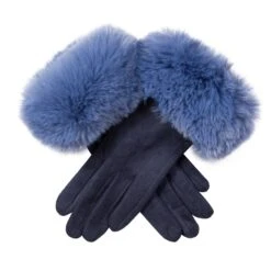 Women's Touchscreen Velour-Lined Faux Suede Gloves With Faux Fur Cuffs -Dents 6 4264 Navy Cornflower Blue