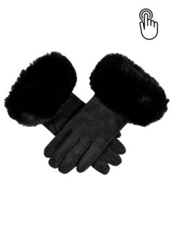 Women's Touchscreen Velour-Lined Faux Suede Gloves With Faux Fur Cuffs -Dents 6 4264 black flash