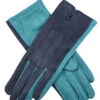 Women’s Touchscreen Three-Point Velour-Lined Faux Suede Gloves With Two-Tone Design -Dents 6 4268NavyTeal
