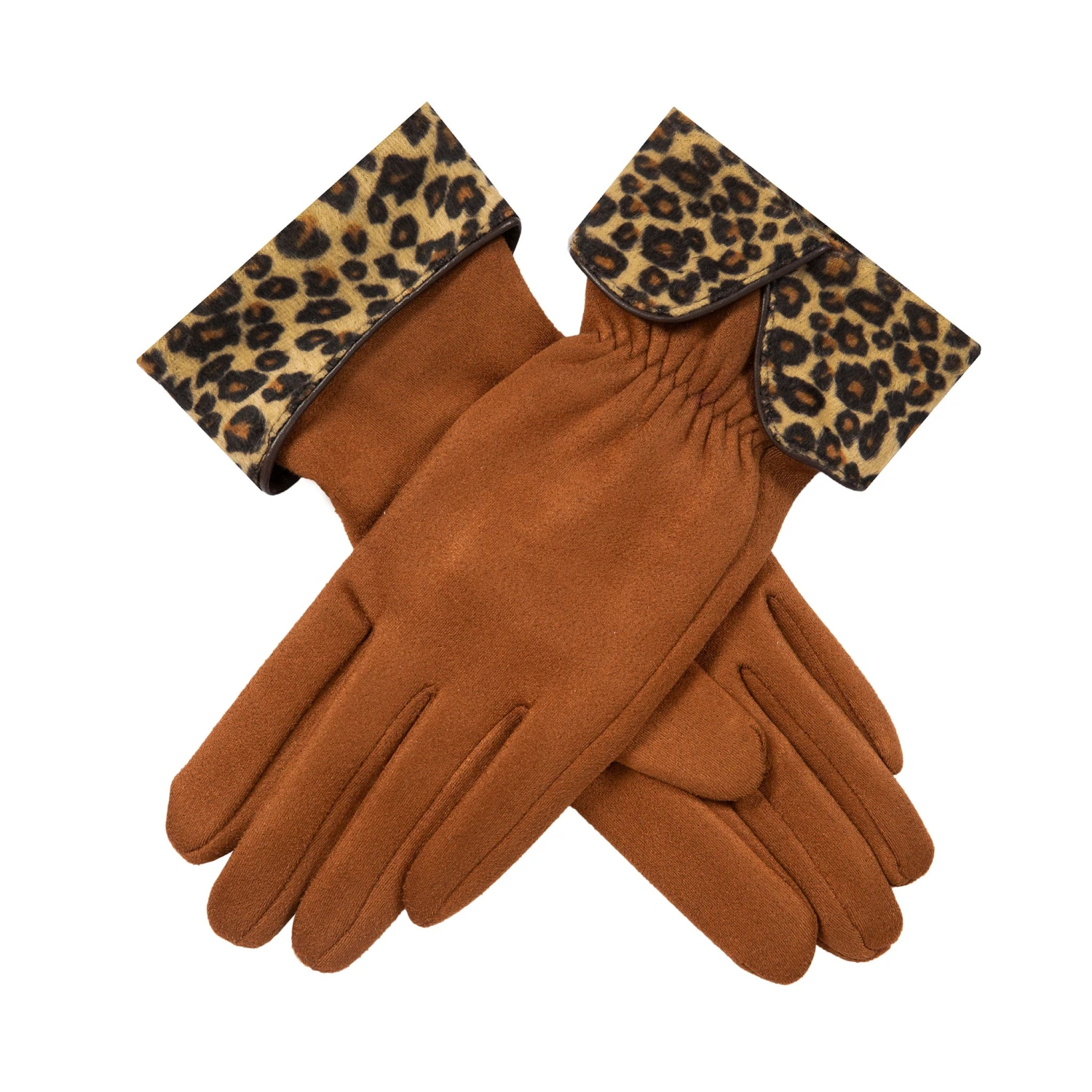 Women’s Touchscreen Velour-Lined Faux Suede Gloves With Faux Fur Leopard Print Cuffs 3 Women’s Touchscreen Velour-Lined Faux Suede Gloves With Faux Fur Leopard Print Cuffs