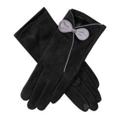 Women’s Touchscreen Velour-Lined Faux Suede Gloves With Contrast Trim And Bow -Dents 6 4278 Black