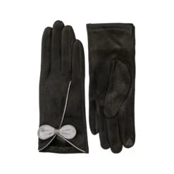 Women’s Touchscreen Velour-Lined Faux Suede Gloves With Contrast Trim And Bow -Dents 6 4278 Black Dove Grey 1