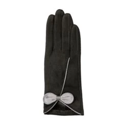 Women’s Touchscreen Velour-Lined Faux Suede Gloves With Contrast Trim And Bow -Dents 6 4278 Black Dove Grey 2