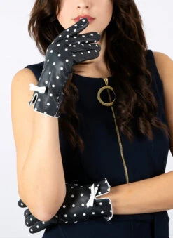Women's Silk-Lined Leather Gloves With Polka Dot Design -Dents 7 0018