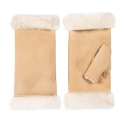 Women's Fingerless Sheepskin Mittens -Dents 7 1073 Camel Suede 2