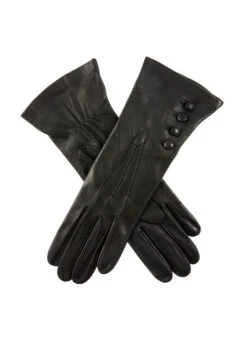 Women's Three-Point Silk-Lined Leather Gloves With Buttons -Dents 7 2079 black 770cb13d c600 4c95 9186 a151cf5f5734