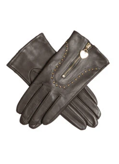 Women's Lined Leather Gloves With Studs And Heart Pendant -Dents 7 2446 Brown