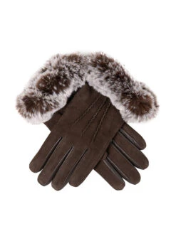 Women’s Water-Resistant Three-Point Faux Fur-Lined Nubuck Leather Gloves With Faux Fur Cuffs -Dents 7 5018 Mocca