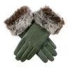 Women’s Touchscreen Three-Point Lined Leather Gloves With Faux Fur Cuffs -Dents 7 5019 Sage