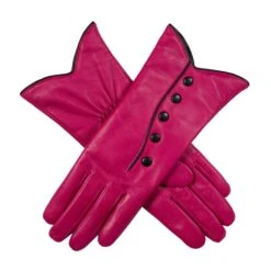 Women’s Wool-Lined Leather Gloves With Buttons And Piping -Dents 7 5023 Fuchsia Black