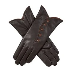 Women’s Wool-Lined Leather Gloves With Buttons And Piping -Dents 7 5023 Mocca Cognac