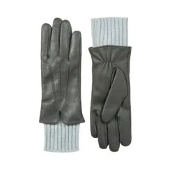 Women’s Three-Point Wool Blend-Lined Leather Gloves With Knitted Cuffs -Dents 7 5025 Charcoal 1