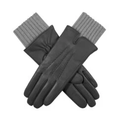 Women’s Three-Point Wool Blend-Lined Leather Gloves With Knitted Cuffs -Dents 7 5025 1 Charcoal