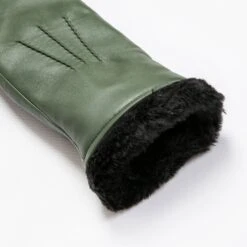 Women’s Three-Point Faux Fur-Lined Leather Mittens -Dents 7 5026 Sage 8