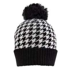 Women’s Knitted Bobble Hat With Dogtooth Pattern -Dents WOMENS DOGTOOTH KNITTED BOBBLE HAT BLACK WHITE