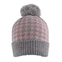 Women’s Knitted Bobble Hat With Dogtooth Pattern -Dents WOMENS DOGTOOTH KNITTED BOBBLE HAT GREY PINK
