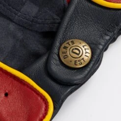 Men’s Touchscreen Three-Colour Leather Driving Gloves -Dents mens leather touchscreen three colour gloves red navy yellow button