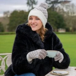 Women’s Jacquard Knitted Bobble Hat With Hash Symbol Pattern -Dents womens bobble knitted hat in camel white