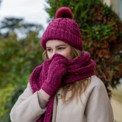 Women’s Cable Knit Scarf With Marl Yarn -Dents womens cable knit gloves scarf hat red