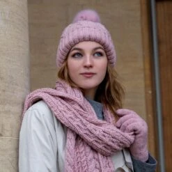 Women’s Cable Knit Scarf With Marl Yarn -Dents womens cable knit scarf hat powder pink