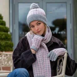 Women’s Knitted Bobble Hat With Dogtooth Pattern -Dents womens dogstooth knitted gloves scarf hat in dove grey pink 85afb9bf 9555 443d 85ad eba876fd6df5