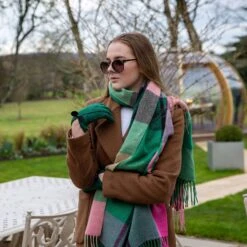 Women’s Plaid Large-Check Scarf With Tassels -Dents womens faux suede gloves with bow green bbe4a995 8fd0 4c4e a378 6ad1ba659cd4